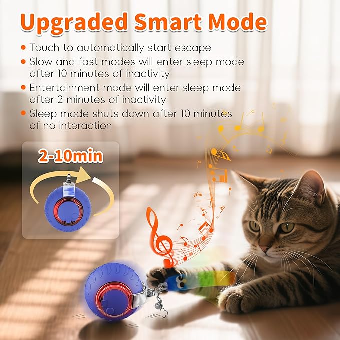 UPSKY Interactive Cat Toy Ball for Indoor Cats, Automatic Moving Electric Rolling Cat Ball Toy, 3-Speed Modes Smart Kitten Toys with Sounds, USB Rechargeable & Sturdy for Bored Kittens/Adult Cats