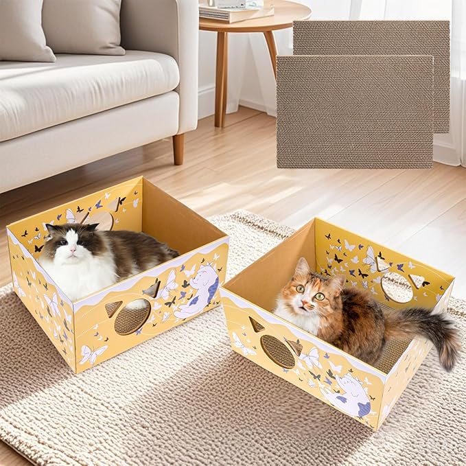 2 Pack Cardboard Cat Scratcher Boxes, 16.5 Inch Heavy Duty Cat Scratching Bed, Large Kitten Lounger with Double-Sided Scratch Pad, Hideaway House with Interactive Hole for Indoor Cats