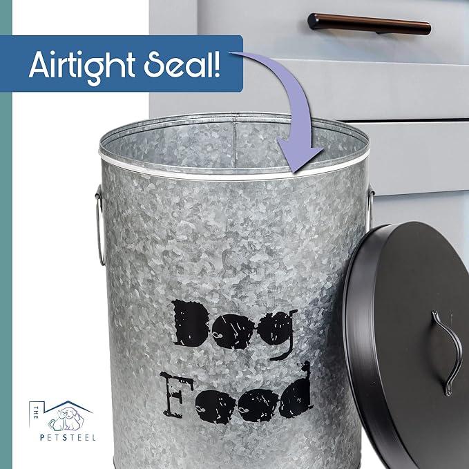 Medium 40lb Dog & 30lb Cat Pet Food Storage Canister with Scoop Combination – Durable & Airtight for Freshnesss, Minimalist Design & Recyclable, Medium Metal Container