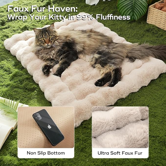 Dog Beds Mats Cat Bed Mat Plush Faux Fur Puppy Pad with Anti-Skid Bottom Cozy Kitten Bed for Carriers/Floor Dog Friendly 35 x 27 Inch Large Coffee