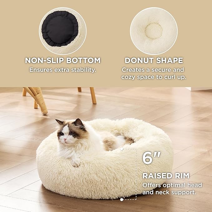 Bedsure Calming Cat Beds for Indoor Cats - Small Cat Bed Washable 20 inches, Anti-Slip Round Fluffy Plush Faux Fur Pet Bed, Fits up to 15 lbs Pets, Cream