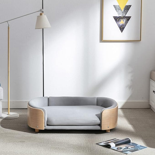 HomSof 38.58" Scandinavian Style Elevated Dog Cat Bed Pet Sofa with Solid Wood Legs and Bent Wood Back with Velvet Cushion,Large Size，Light Grey