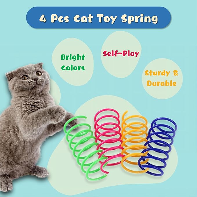 30 Pcs Premium Silent Cat Pom Pom Balls, Interactive Lightweight Assorted Colors Fuzzy Toy Balls (1.2 inches), with 4 Pcs Cat Spring Toy for Indoor Kitten Playing Exercising