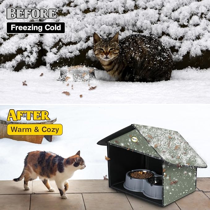 Dreyoo Cat Houses & Condos Outdoor Cat Feeding Station for Food & Water, Weatherproof Outdoor Kitty Dining Room Cats Shelter for Stray, Feral and Community Cats, 13”d x 17”w x 15.5'h(Dark Green)
