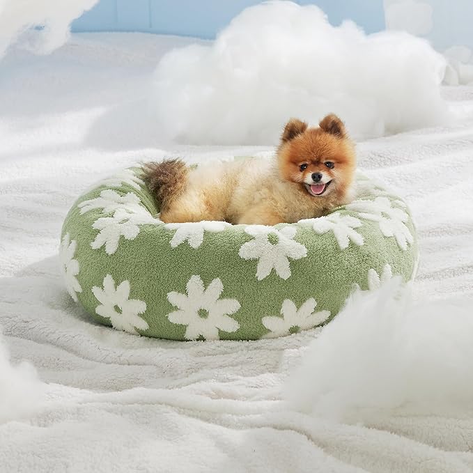 LE SURE Small Dog and Cat Bed - Round Calming Beds, Cute Modern Design with Jacquard Shaggy Plush, Anti-Slip Bottom, 23 Inch, Green