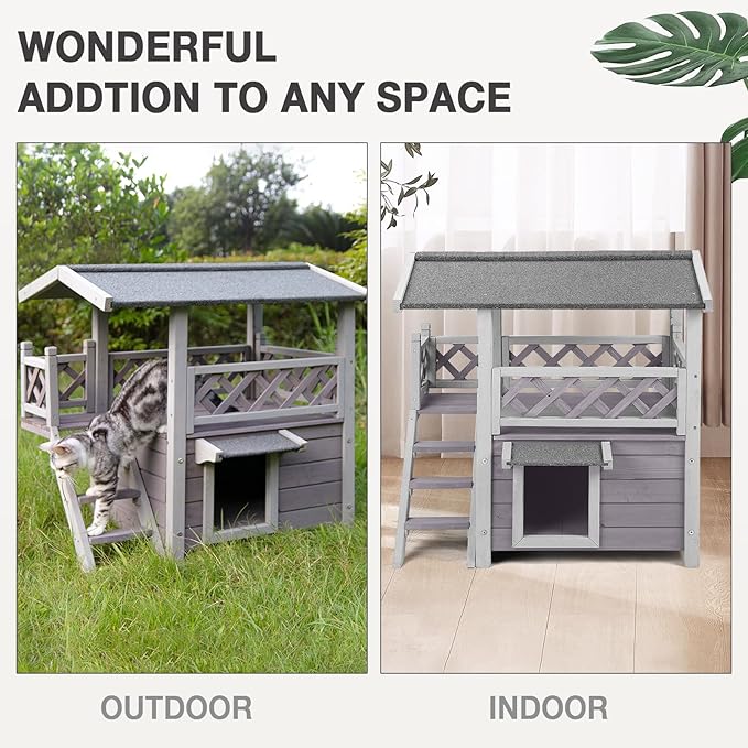 Cat House Outdoor Indoor Feral Cat Shelter Wooden Kitty House with Stairs, Balcony＆Weatherproof Roof