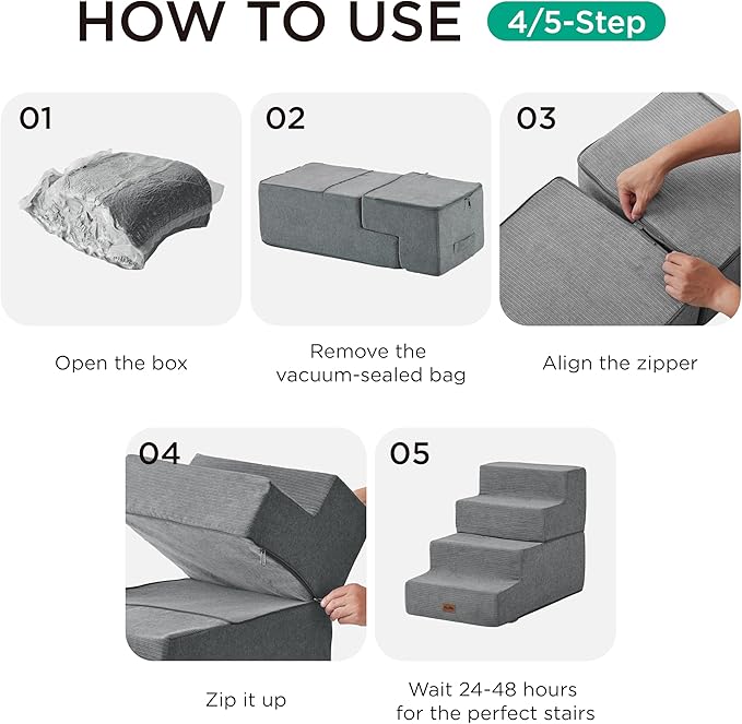 Made4Pets Dog Stairs for High Bed, Extra Wide Pet Stairs for Bed Couch Sofa, 35D Foam Pet Steps for Small Dogs and Cats, Non-Slip Bottom Dog Steps, Grey, 5 Steps