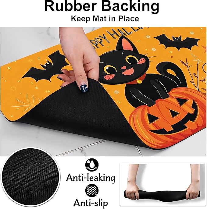 Happy Halloween Cat Pet Feeding Mat for Floors-Absorbent Dog Bowl Mat for Food and Water, Quick Dry Pet Cat Feeding Mats with Non Slip Bottom, Mess-Free Dog Accessories 16"x24"
