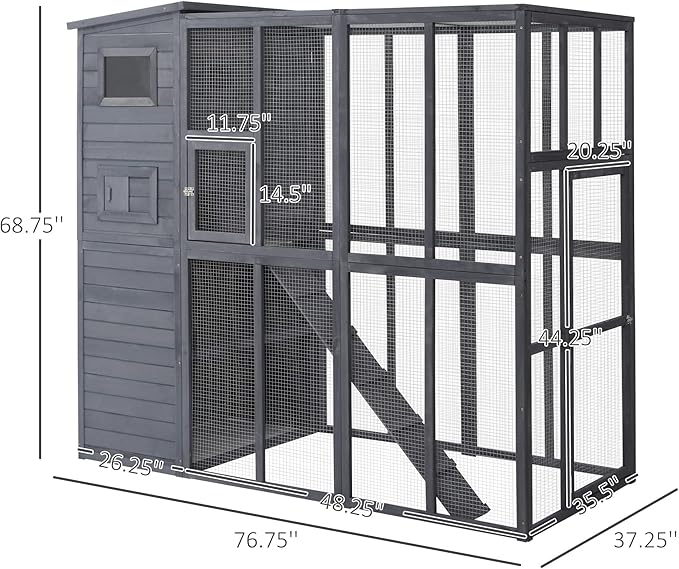 PawHut Outdoor Catio, Cat House Wooden Feral Cat Shelter, Cat Cage with Platforms, Waterproof Asphalt Roof, Ramps, 77" L, Gray