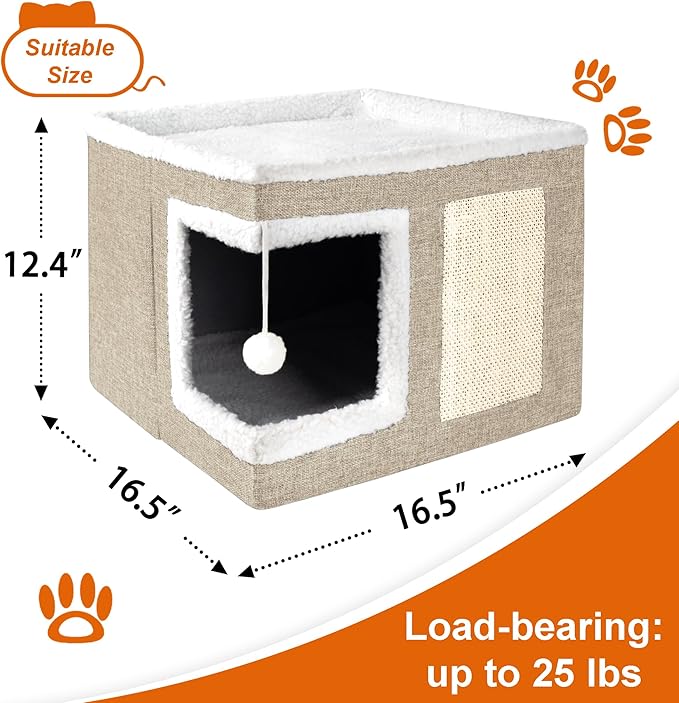 Cat Houses for Indoor Cats - Large Cat Bed Cave with Scratch Pad and Fluffy Ball, Foldable Cat Condo Hideaway with Reversible Cushion for Multi Small Pet, Khaki