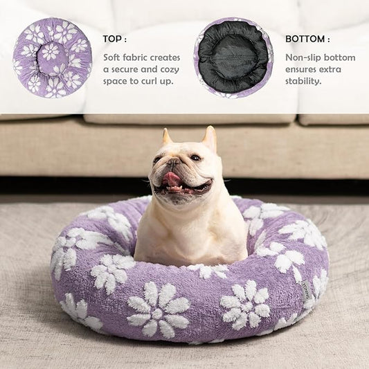Donut Dog Beds for Small Dogs, Calming Round Cat Beds for Indoor Cats, Cute 3D Textured Flower Pet Bed with Removable Washable Cover and Anti-Slip Bottom（Purple，23"）