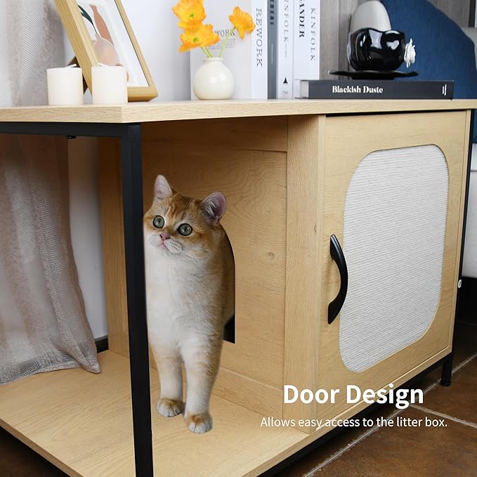 Modern Cat House Furniture with Metal Frame – 2-Tier Wood & Steel Cat Bed End Table, Hidden Cat Condo for Indoor Cats, 31.5" x 18.9" x 22", Rustic Natural Finish