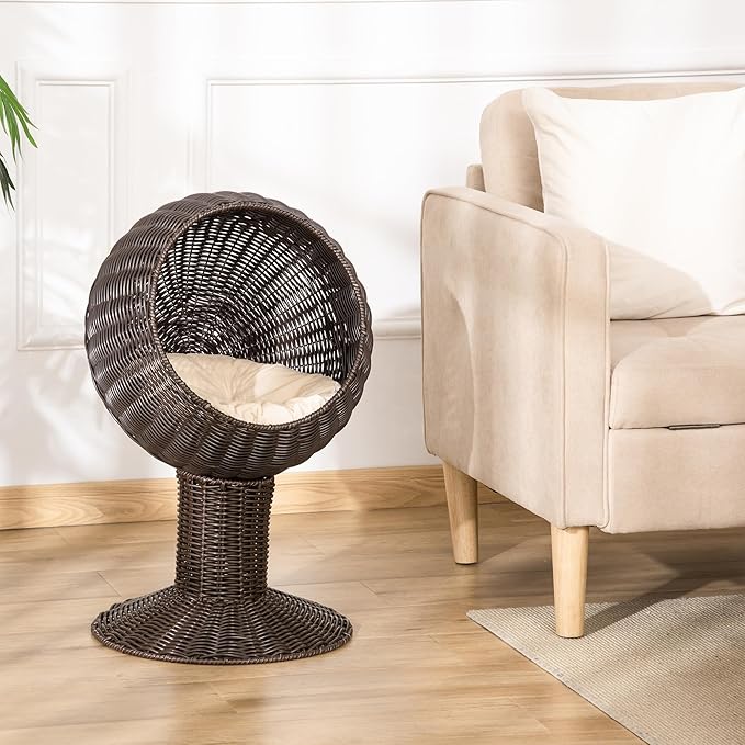 PawHut Elevated Cat Bed with Rotatable Egg Chair Pod, Cat Basket Bed with Thick Cushion, Natural Mat Grass Woven Kitty House, Coffee