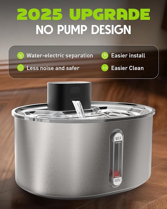 No Pump Cat Water Fountain, 3.2L/108oz Wireless Stainless Steel Pet Water Fountain, Cordless Automatic Dispenser, Battery Operated Cat Fountain with Motion Sensor, Dual Mode