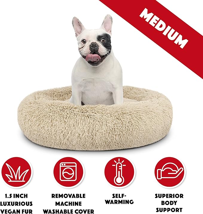 The Dog’s Bed Sound Sleep Donut Dog Bed, Med Dog Beige Fur Calming Nest Bed, Veterinary Approved