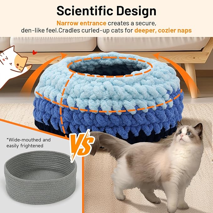 Cat Nest Bed Handwoven Washable Soft Round Cave House Furniture for Indoor Kitten Cloud Blue