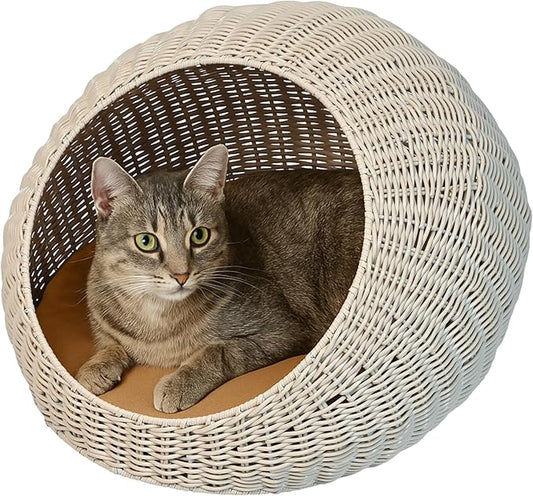 CBD3000C Fiora 19.5" x 18" Modern Circular Faux Wicker Pet Bed with Machine-Washable Cushion, Cat Beds for Indoor Cats, White