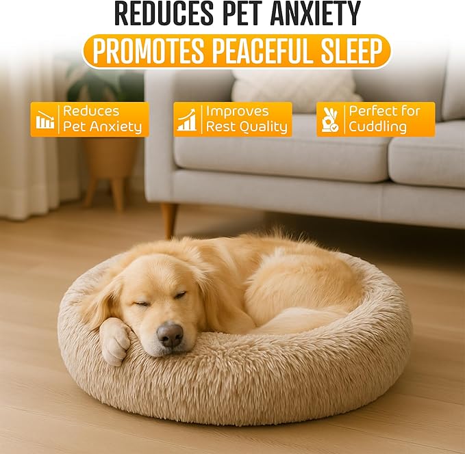 Anti-Anxiety Donut Pet Bed, Round Plush Faux Fur, Washable, Small to Medium Dogs and Cats (Brown, Large)