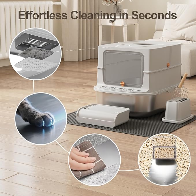 Jalove Stainless Steel Cat Litter Box with Lid, XL Extra Large Metal Litter Box for Big Cat, Covered Enclosed Kitty Litter Boxes, High Sided Enclosure with Scoop & Mat, Easy Cleaning, Light Gray