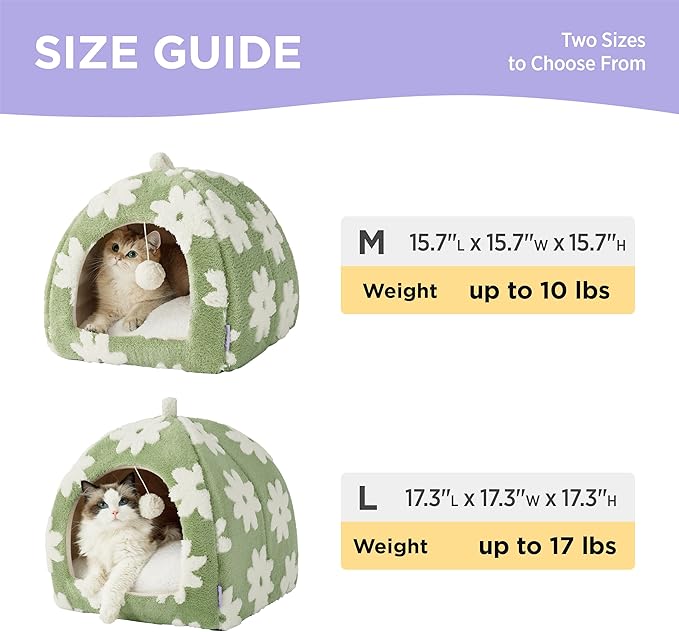 Lesure Cute Cat Beds for Indoor Cats - 2 in 1 Large Cat Cave Bed with Removable Washable Cushioned Pillow, Cozy Kitten Tent with Non-Slip Bottom, Green, 17.3 inches