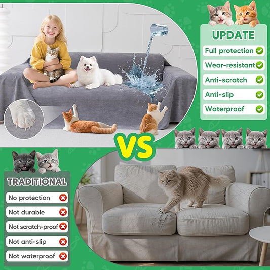 Loiion Cat Scratch Furniture Protector - Anti-Slip, Waterproof Sofa Cover to Keep Cats Off, Pet-Friendly Couch Protectors for 3 Cushion Couch, Gray Anti-Scratch Couch Cover for Pets and Kids 134"X71"