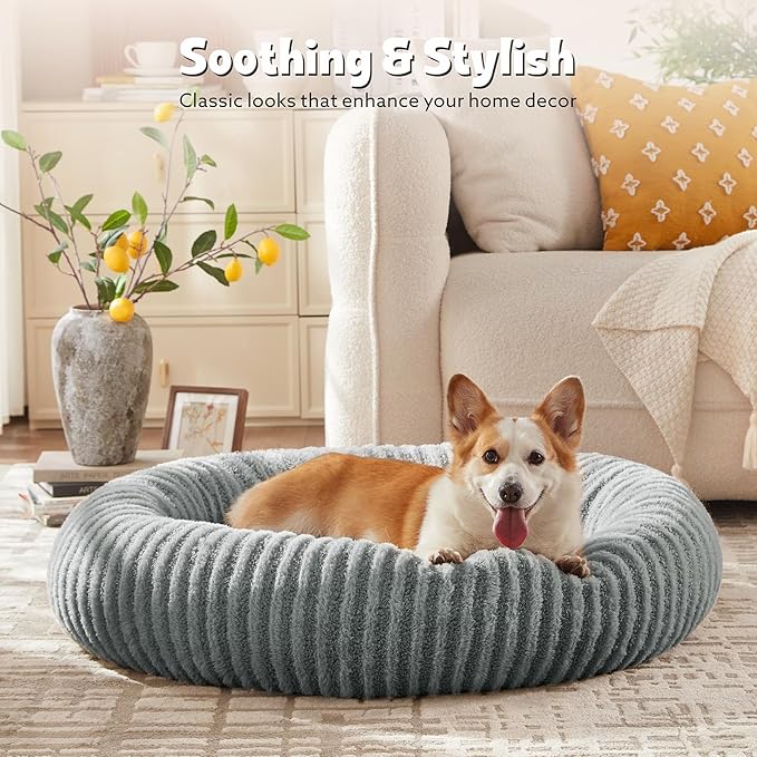 MIXJOY Calming Dog Beds Large Sized Dogs - Washable Donut Large Dog Bed with Removable Zipper Cover, Round Fluffy Plush Faux Fur Pet Bed with Anti-Slip Bottom, 36"x36"x10", Grey