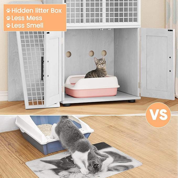 Cat Litter Box Furniture, Modern Cat Cabinet with Side Door, Double Layer Hidden Litter Box Enclosure & Pet House, Villa Style Cabinet with Side Door and Ladder for Indoor Cats