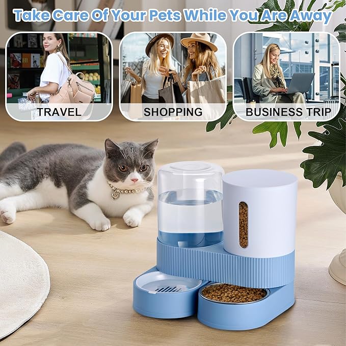 Automatic Dog Cat Water Dispenser Gravity Feeder and Water Dispenser Stainless Steel 2-in-1 Set Large Capacity Dispenser for Pets Dogs, Puppies, Kittens-Blue