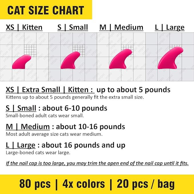 zetpo 80 pcs Cat Claw Covers | Cat Nail Caps | with Adhesives and Applicators (XS, White, Black, Blue Glitter, Sky Blue)
