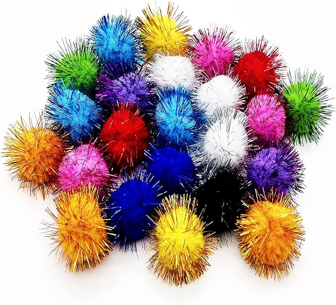 24 Pcs Cat Ball Toys, 1.8 Inch Sparkle Ball, Tinsel Glitter Pom Pom Cat's Favorite Toys, Random Color