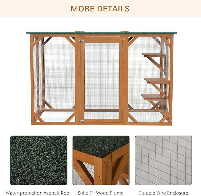 PawHut Outdoor Cat House, Catio Wooden Feral Cat Shelter, Cat Cage with Platforms, Large Enter Door, Weather Protection Asphalt Roof, 71" L, Orange