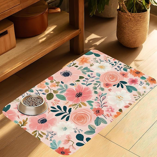 Boho Floral Pet Feeding Mat for Floors-Absorbent Dog Bowl Mat for Food and Water, Quick Dry Pet Cat Feeding Mats with Non Slip Bottom, Mess-Free Dog Accessories 16"x24"