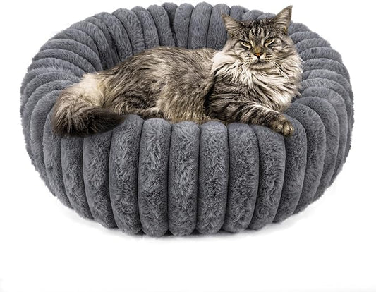 Round Cat Bed Kitten Beds, Gray Donut Small Cats Bed, Washable Super Soft Plush Faux Fur Pet Beds with Anti-Slip Bottom, 20x20x7 Inch Cat Cave Beds Calming Bed Cute Puppy Beds for Indoor