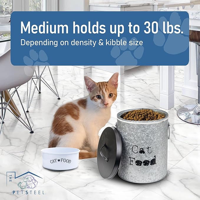 Medium 40lb Dog & 30lb Cat Pet Food Storage Canister with Scoop Combination – Durable & Airtight for Freshnesss, Minimalist Design & Recyclable, Medium Metal Container