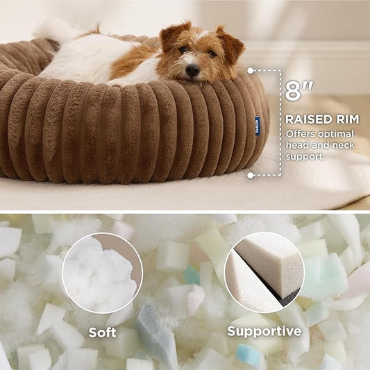 Bedsure Donut Small Dog Bed - Dog Beds for Small Dogs with Corduroy Fleece & Anti Slip Bottom, Round Faux Fur Pet Beds with Washable Removable Cover, Copper Brown, 27x27x8 inches