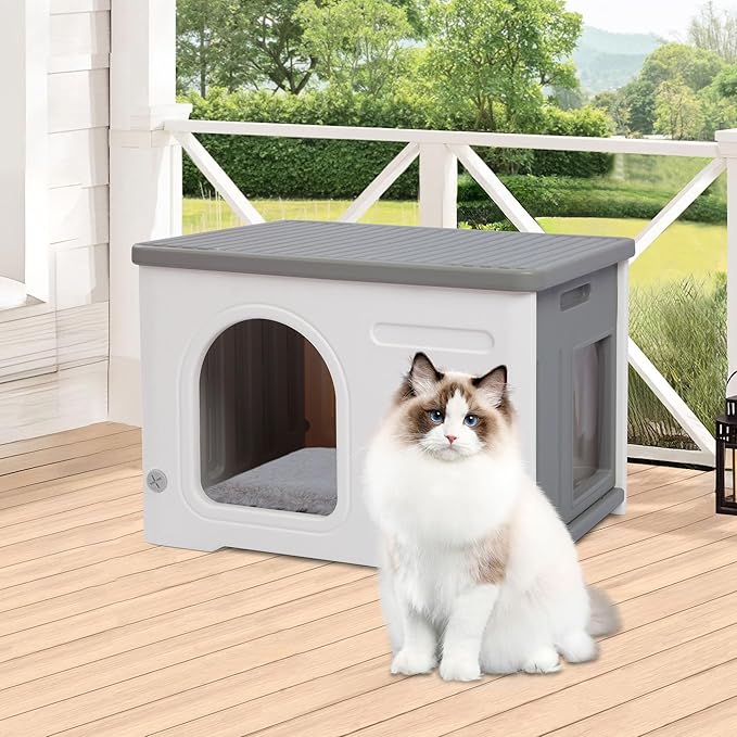 Plastic Cat House Outdoor & Indoor, Waterproof Feral Cat Houses with Escape Door, Sturdy Outdoor Cat House with Bed Mat, Outside Cat Shelter for Small Pet, Assemble and Clean Easily-Grey