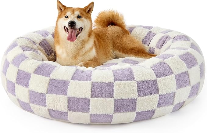 LE SURE Donut Large Dog Bed - Round Cat Beds for Indoor Anti-Anxiety Calming Pet Beds, Washable Cute Modern Beds with Teddy Sherpa Plush & Anti Slip Bottom, 36 Inch, Purple
