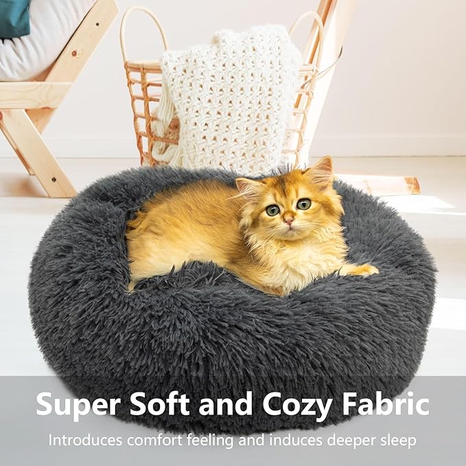 Dog Bed, Fluffy Round Pet Bed Non-Slip, Calming Soft Plush Donut Cuddler for Indoor Small Dogs Kittens, 15 inches Cat Bed Machine Washable, Dark Gray