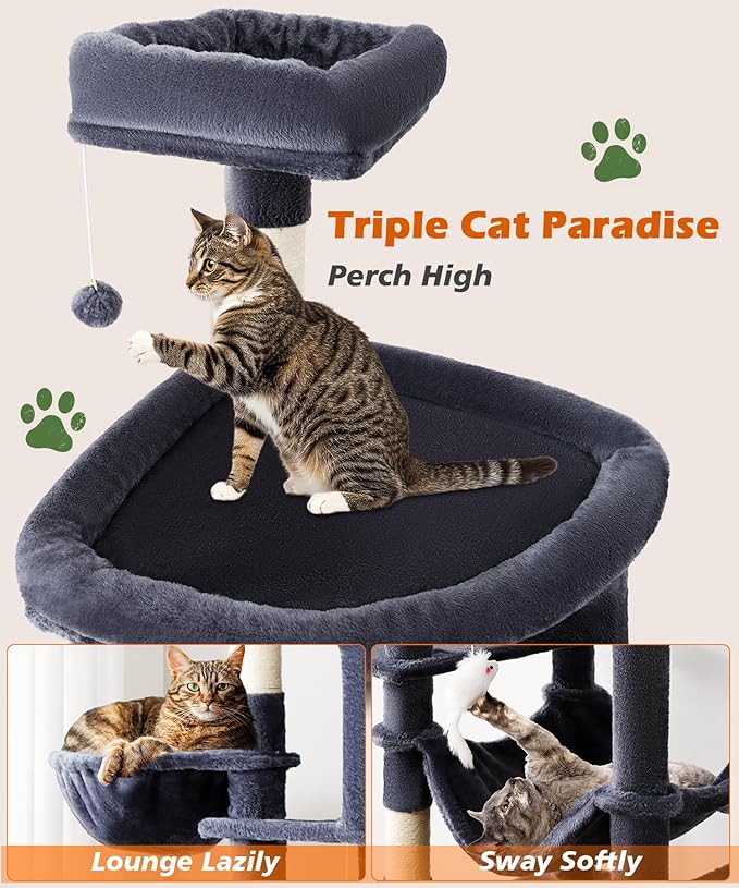 AMHANCIBLE Large Cat Tree, 83 Inch Multi-Level Tall Tower for Indoor Adult Cats, with Scratching Post and Board, Hammock, Condos, Hanging Basket, Activity Center to Play and Sleep, Dark Grey, PT21DG