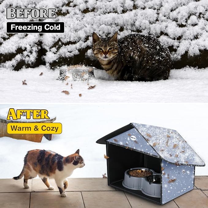 Dreyoo Cat Houses & Condos Outdoor Cat Feeding Station for Food & Water, Weatherproof Outdoor Kitty Dining Room Cats Shelter for Stray, Feral and Community Cats, 13”d x 17”w x 15.5'h(Dusty Blue)