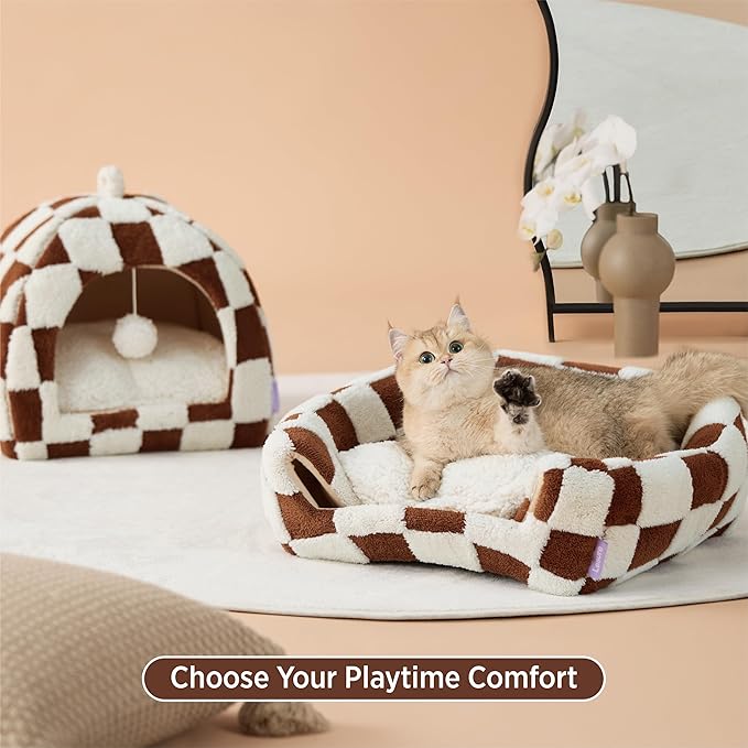 Lesure Cute Cat Beds for Indoor Cats - 2 in 1 Cat Cave Bed for Kittens and Small Pets, House with Removable Washable Cushioned Pillow, Cozy Tent House with Non-Slip Bottom, Brown, 16 inches