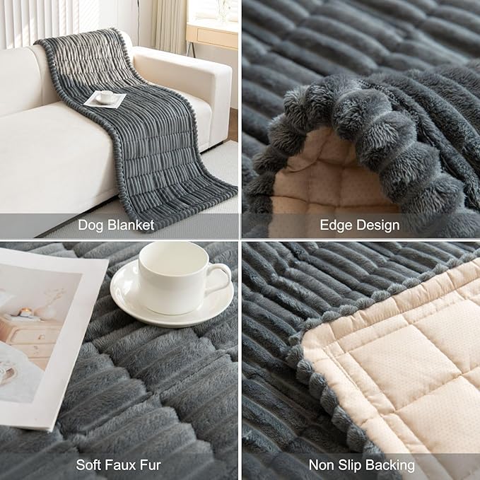Faux Fur Plush Dog Couch Cover 3D Stripe Fuzzy Sofa Cover Non-Slip Fluffy Dog Bed Cover Pet Blanket Sofa Couch Furniture Protector for Puppy Large Dog Cat (Dark Grey,28"x28")
