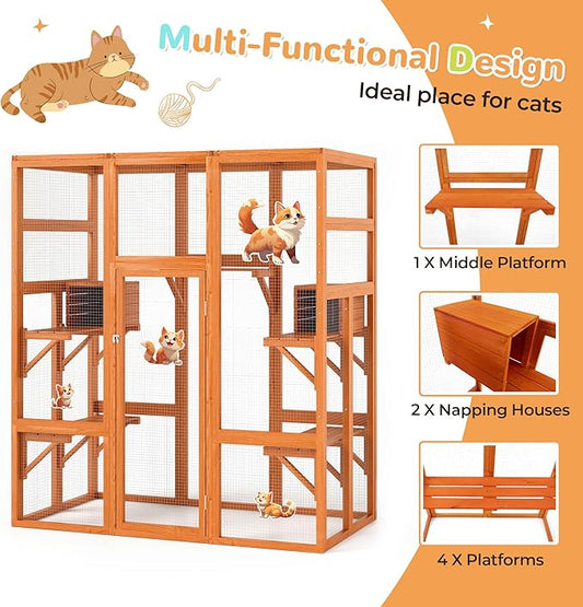 COZIWOW 70Inches Large Spacious Wooden Outdoor Catio with Perches and Condos, Cat Catio Enclosures Indoor Kitty Window Kennel with Waterproof Roof, 7 Platforms & 2 Resting Box, UV Resistant(Orange)