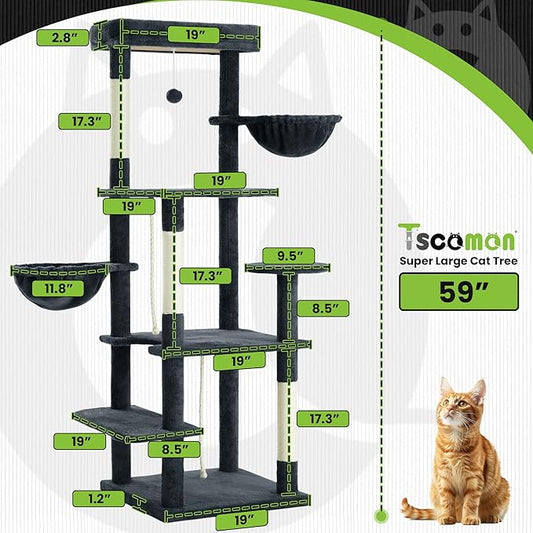 59 Inch Cat Tree Tower, Multi-Level Large Cat Tree for Indoor with Super Large Bed, Hammocks, Scratching Posts, Dangling Ball, Cat Furniture, Activity Center