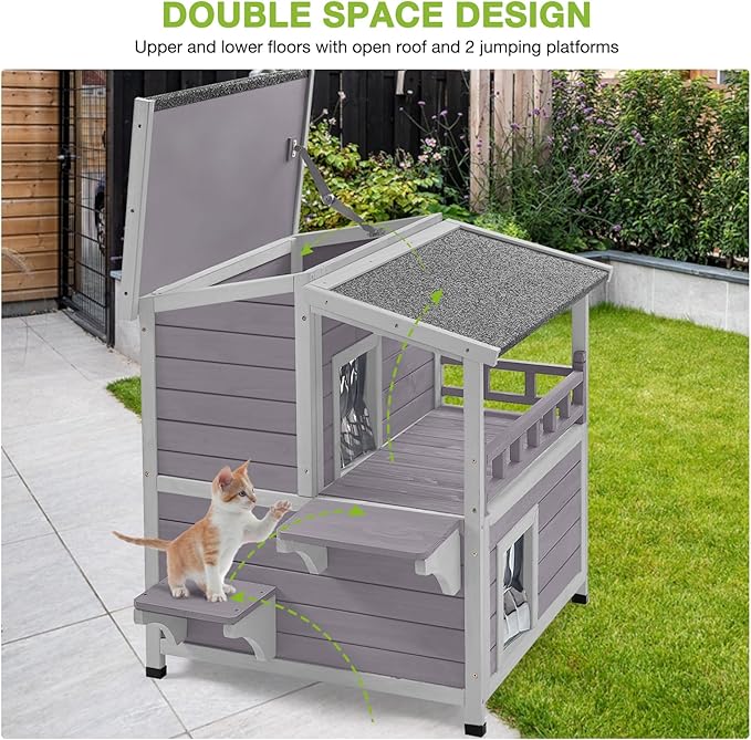 GUTINNEEN Cat House Outdoor Indoor, 2 Story Feral Cat Shelter with Escape Door, Wooden Stray Cat Home with Large Balcony, Weatherproof