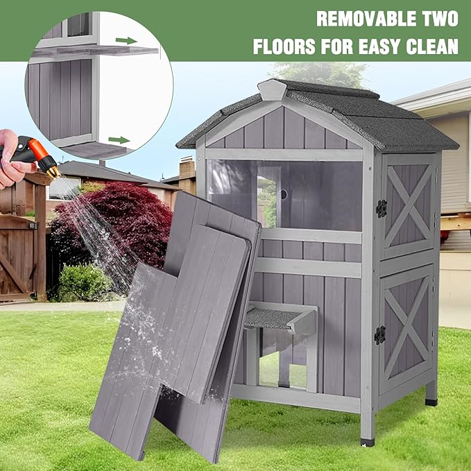 Outdoor Cat House with Two-Story, Feral Cat House with Escape Door and Two Large Side Door, Kitty Shelter with Weatherproof Roof