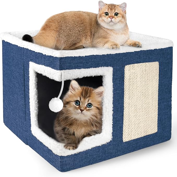 Cat Houses for Indoor Cats - Large Cat Bed Cave with Scratch Pad and Fluffy Ball, Foldable Cat Condo Hideaway with Reversible Cushion for Multi Small Pet, Navy Blue