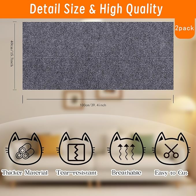Cat Scratching Mat, Self-Adhesive Cat Scratching Carpet, Trimmable at Scratch Furniture Protector for Cat Tree Shelves, Cat Scratching Post Couch Protector (2PCS, 100 * 40CM, Grey)