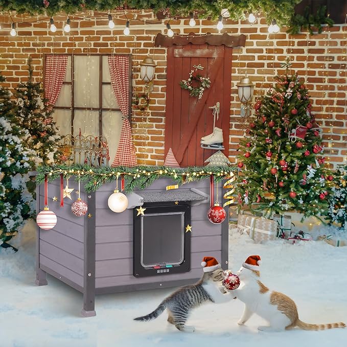 Outdoor Cat House, Feral Cat Houses Waterproof of All-Around Iron Frame, Solid Wooden Cat Shelter with Adjustable Door for Cats, Dogs and Other Small Animals