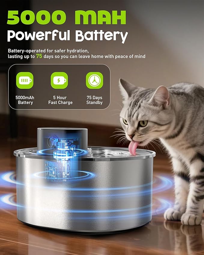 No Pump Cat Water Fountain, 3.2L/108oz Wireless Stainless Steel Pet Water Fountain, Cordless Automatic Dispenser, Battery Operated Cat Fountain with Motion Sensor, Dual Mode